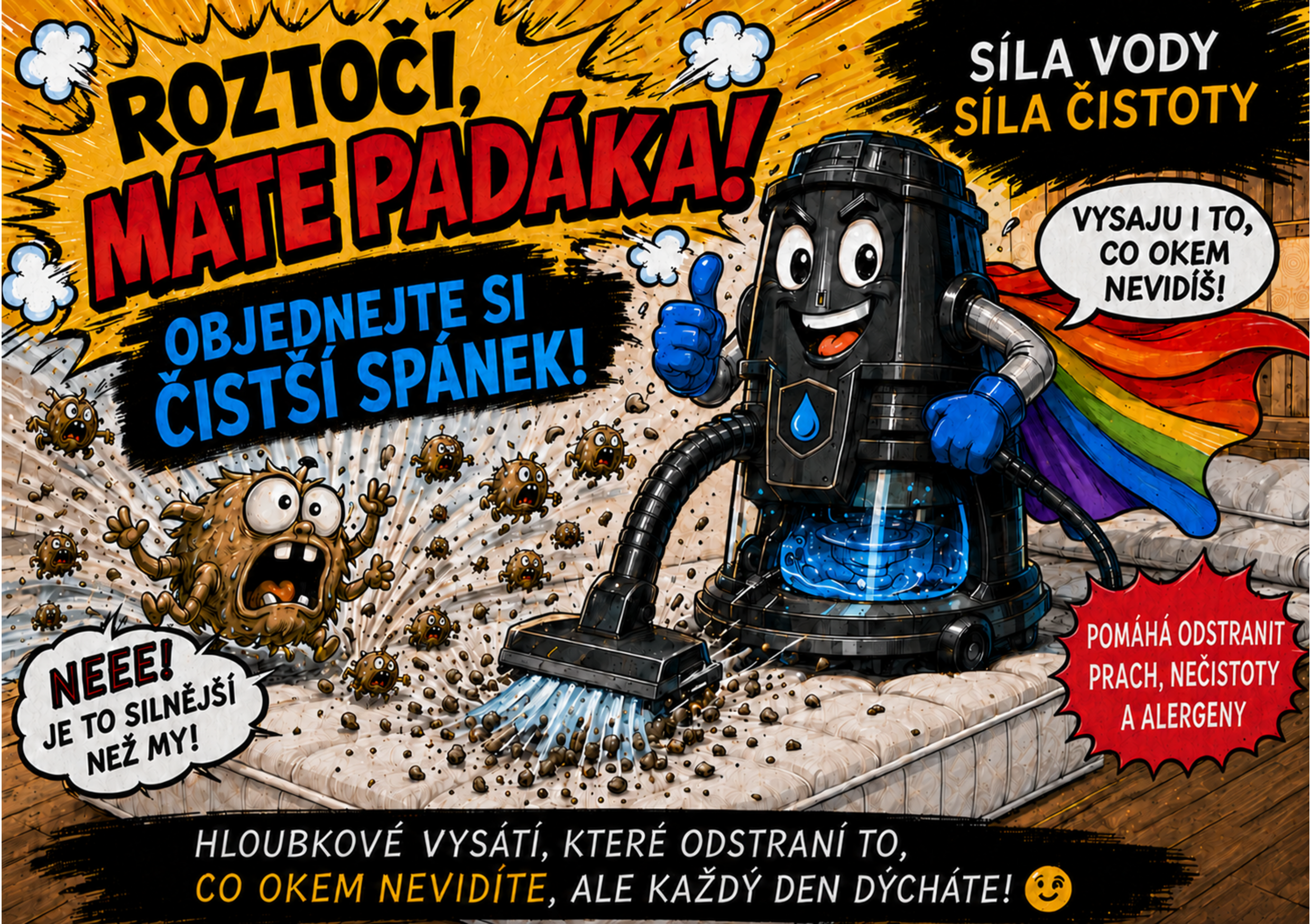 Komiksový vysavač čistí matraci